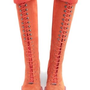 Orange Suede Knee-High Lace-Up Boots - John Fluevog NWT